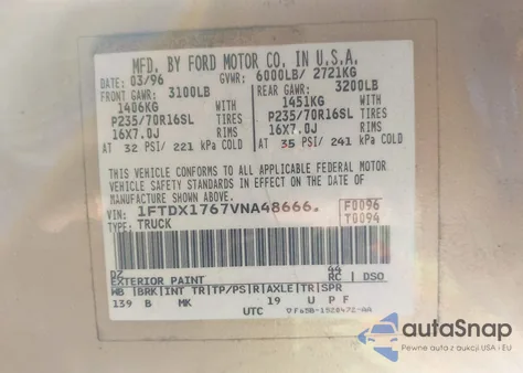 1997 Ford F-150 Lariat/Standard/Xl/Xlt z USA, uszkodzony, nr VIN 1FTDX1767VNA48666